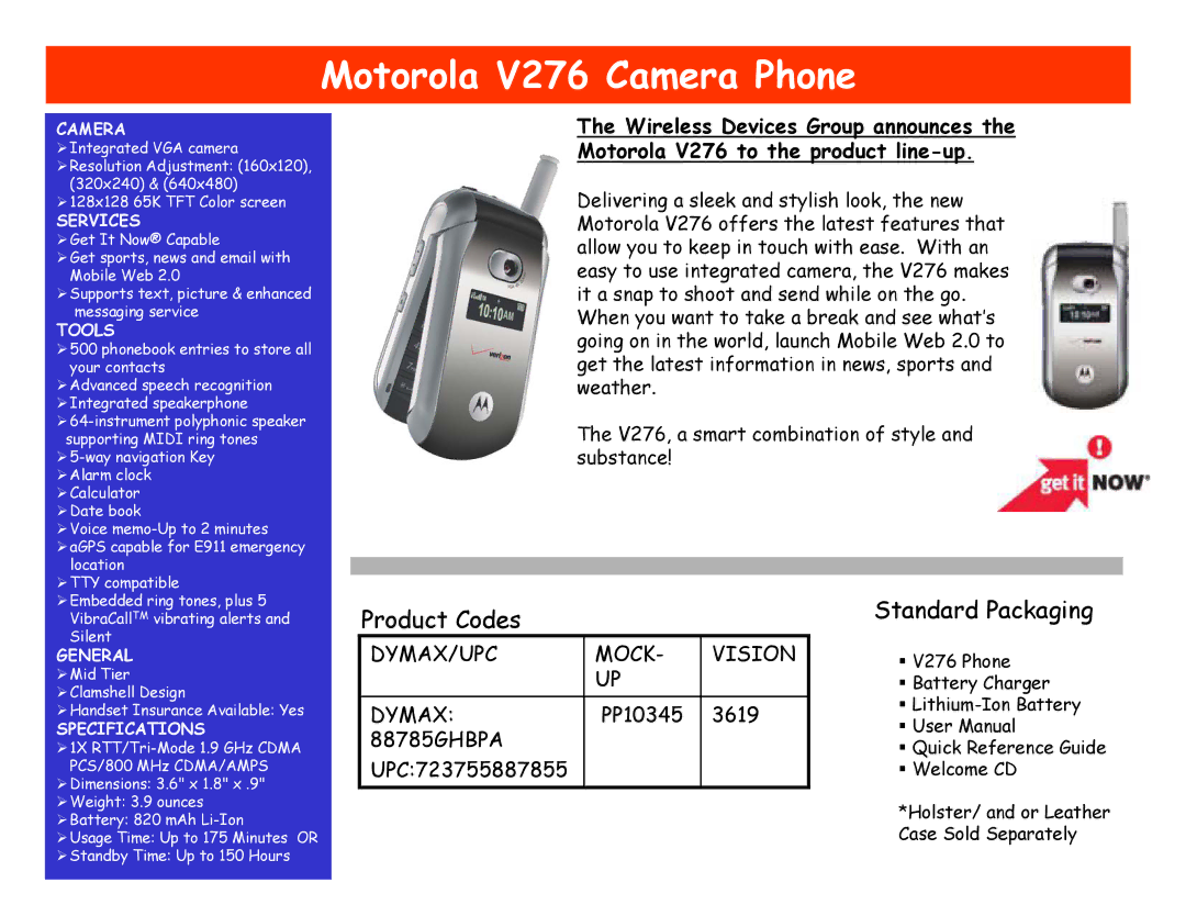 Motorola specifications Motorola V276 Camera Phone 