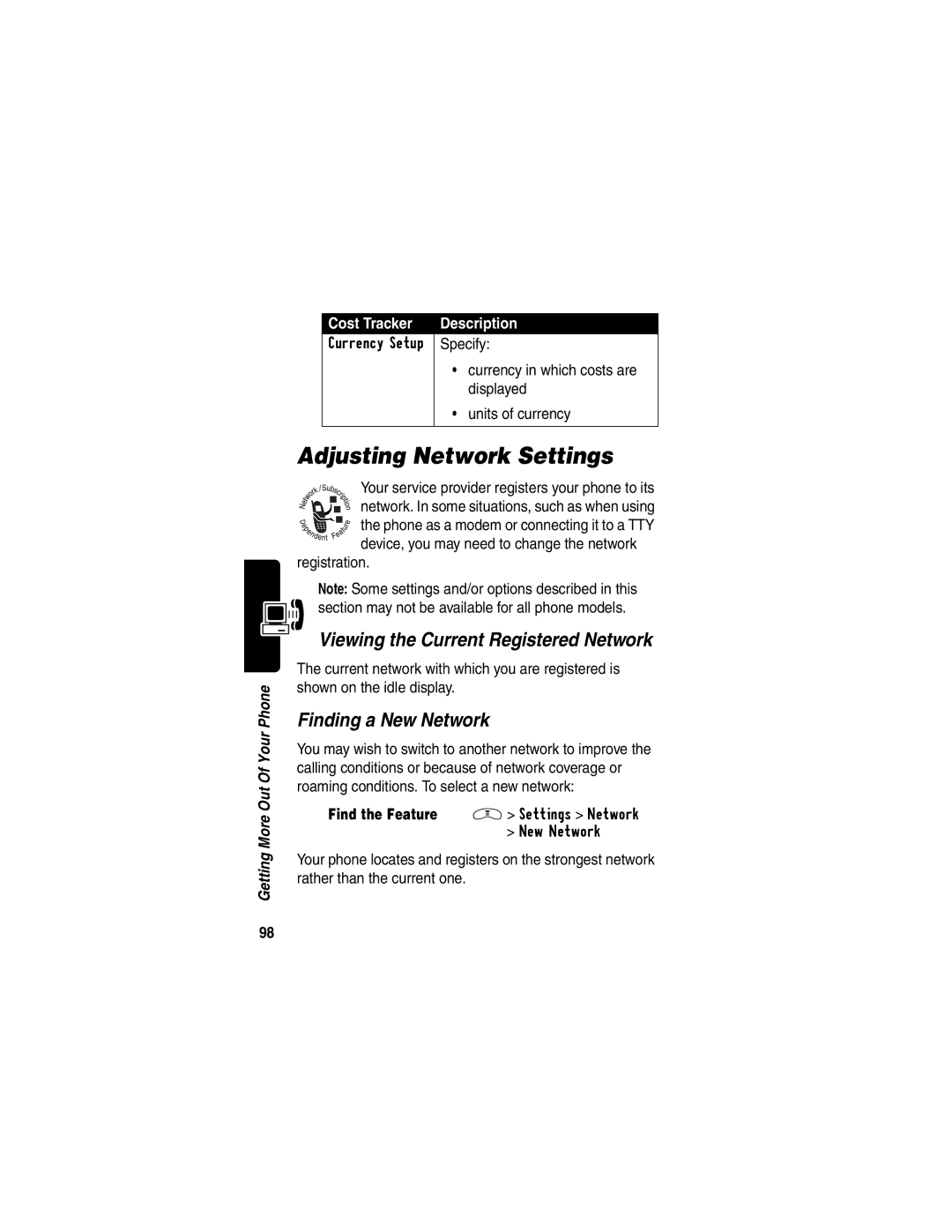 Motorola V290 Adjusting Network Settings, Viewing the Current Registered Network, Finding a New Network, Registration 