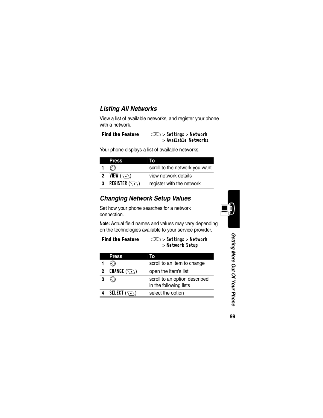 Motorola V290 manual Listing All Networks, Changing Network Setup Values, Find the Feature M Settings Network 