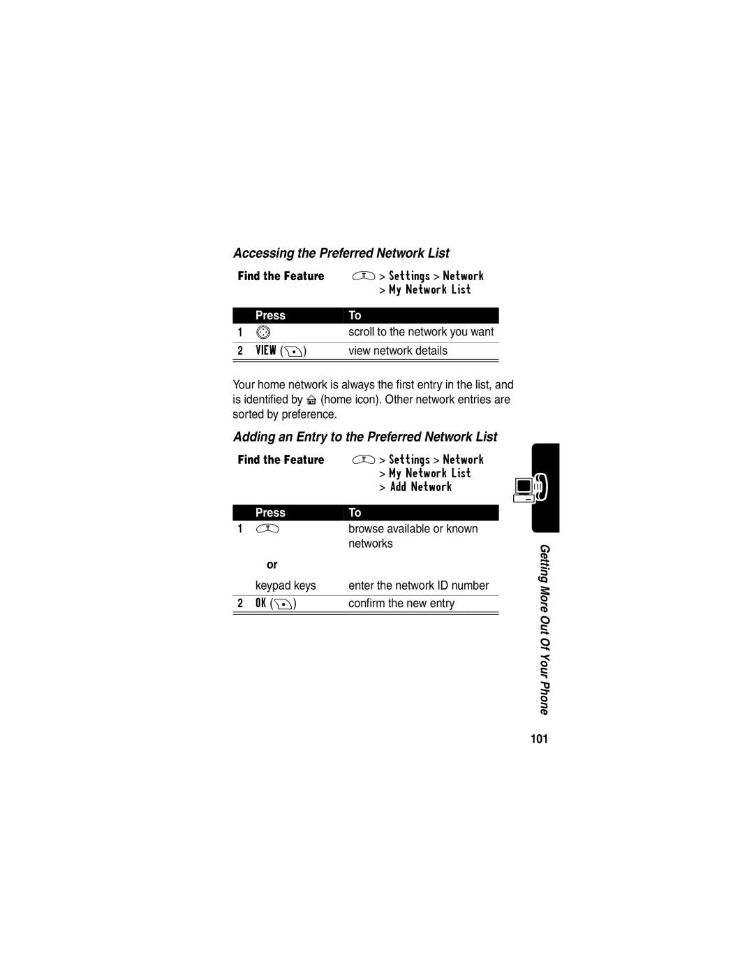 Motorola V290 manual Accessing the Preferred Network List, Adding an Entry to the Preferred Network List, Networks, 101 