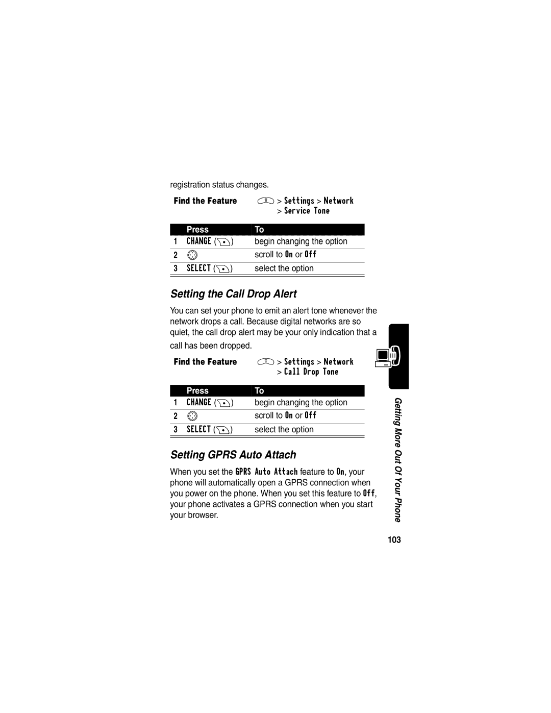 Motorola V290 manual Setting the Call Drop Alert, Setting Gprs Auto Attach, 103 