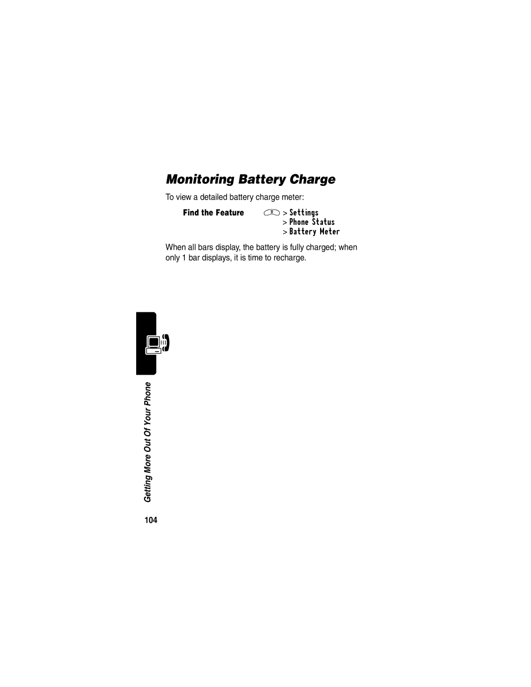 Motorola V290 manual Monitoring Battery Charge, To view a detailed battery charge meter, 104 