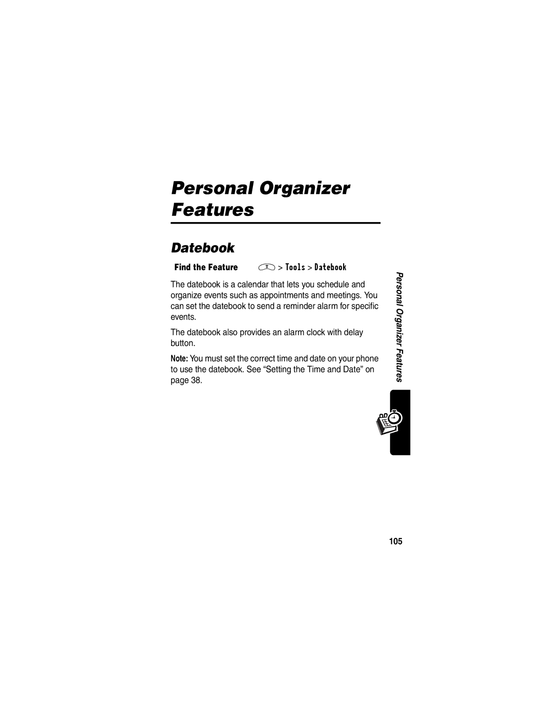 Motorola V290 manual Personal Organizer Features, Find the Feature M Tools Datebook, 105 