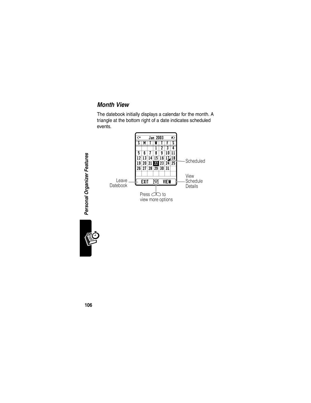 Motorola V290 manual Month View, Datebook Details Press Mto view more options, 106 