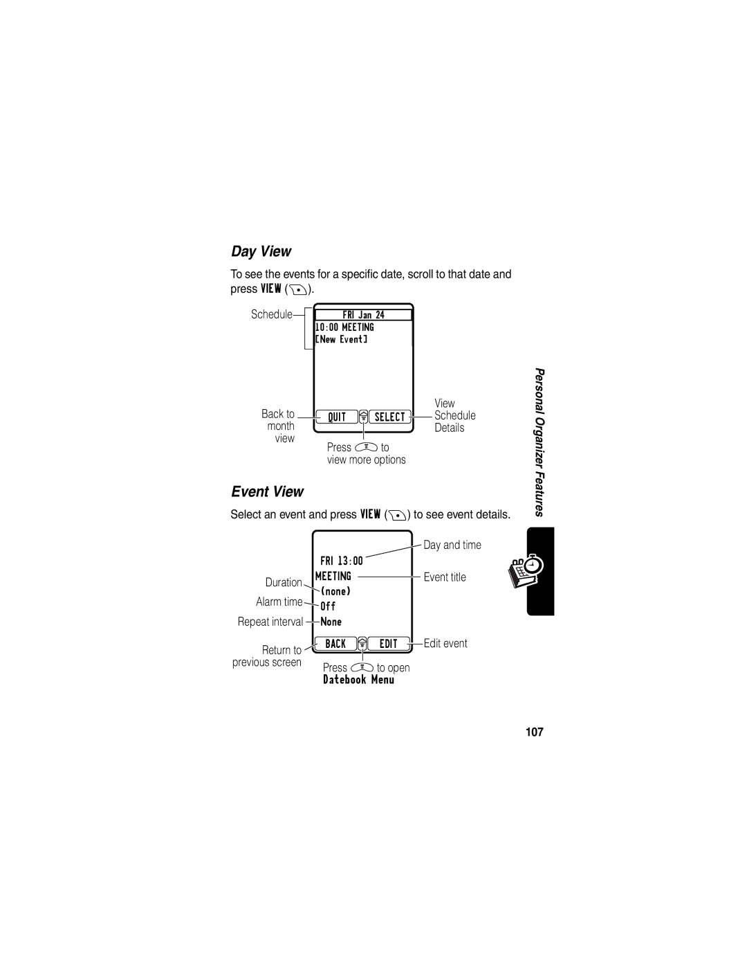 Motorola V290 manual Day View, Event View, 107 