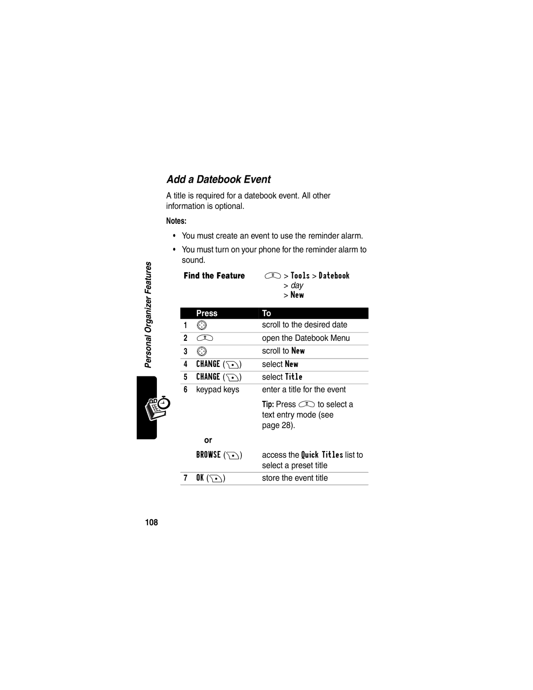 Motorola V290 manual Add a Datebook Event, 108 