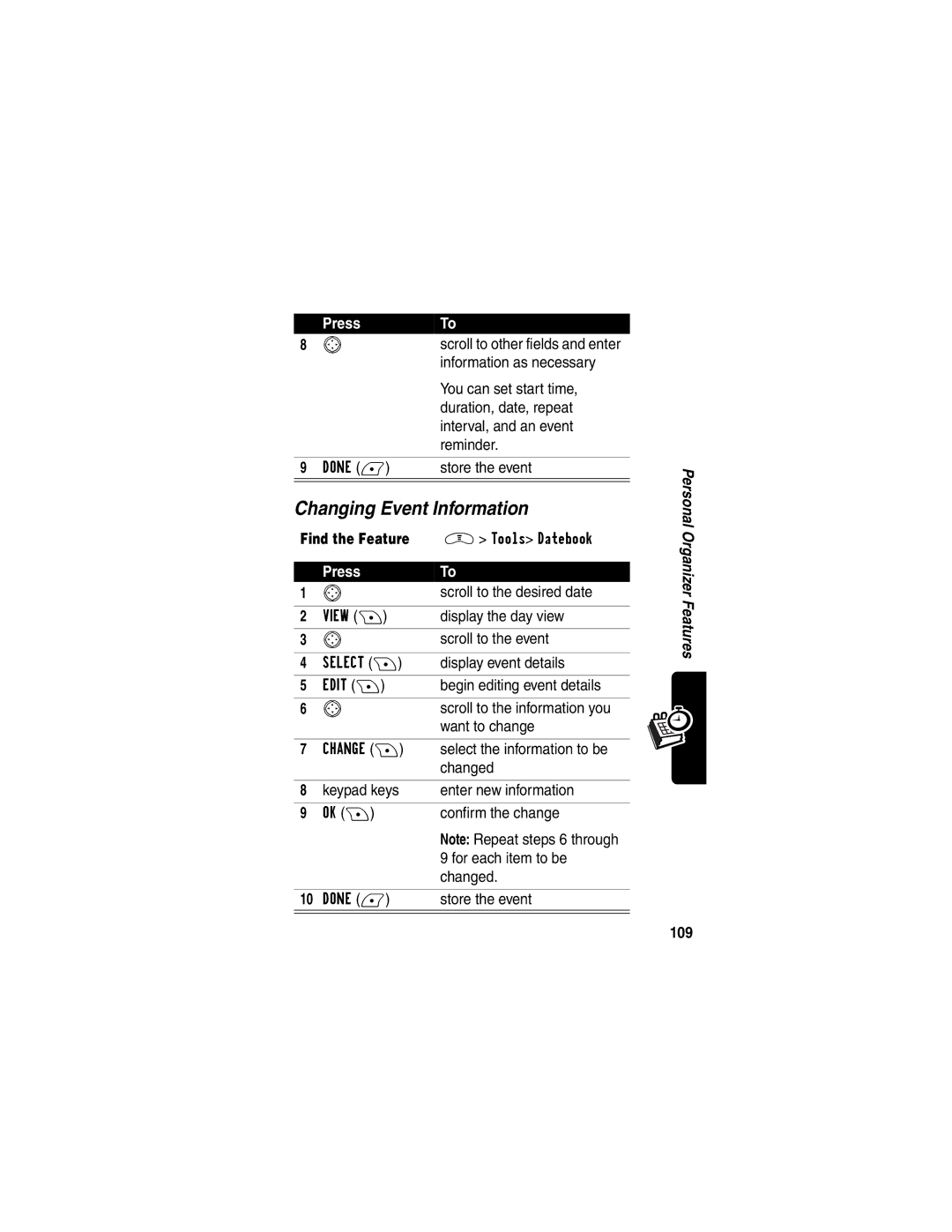 Motorola V290 manual Changing Event Information, 109 