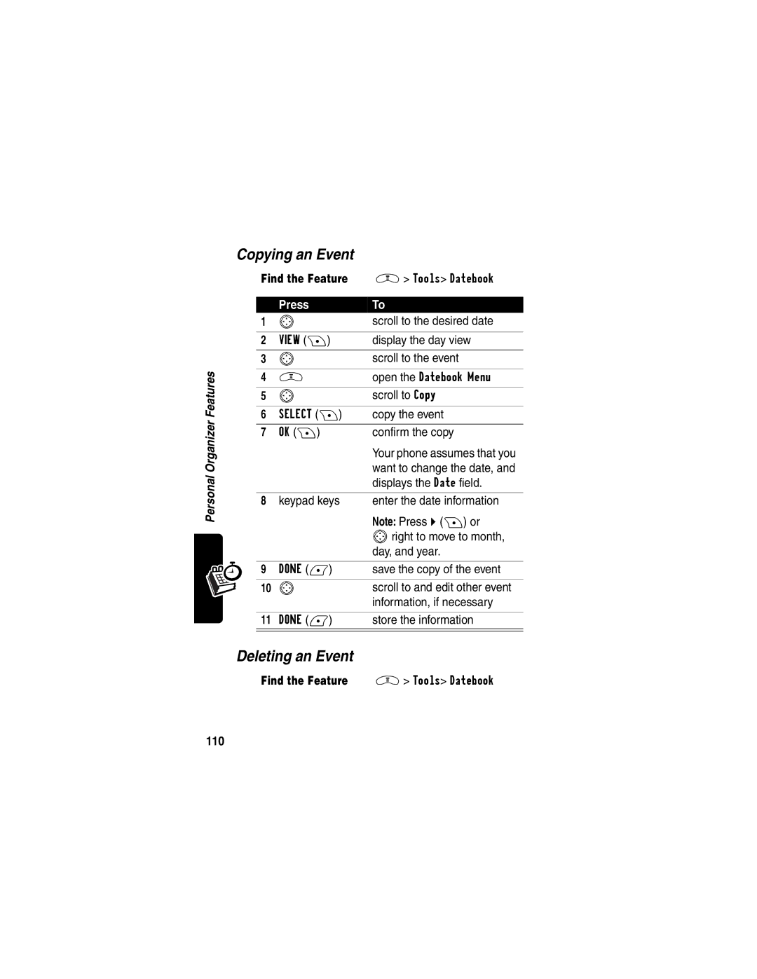 Motorola V290 manual Copying an Event, Deleting an Event, Displays the Date field, Find the Feature M Tools Datebook 110 