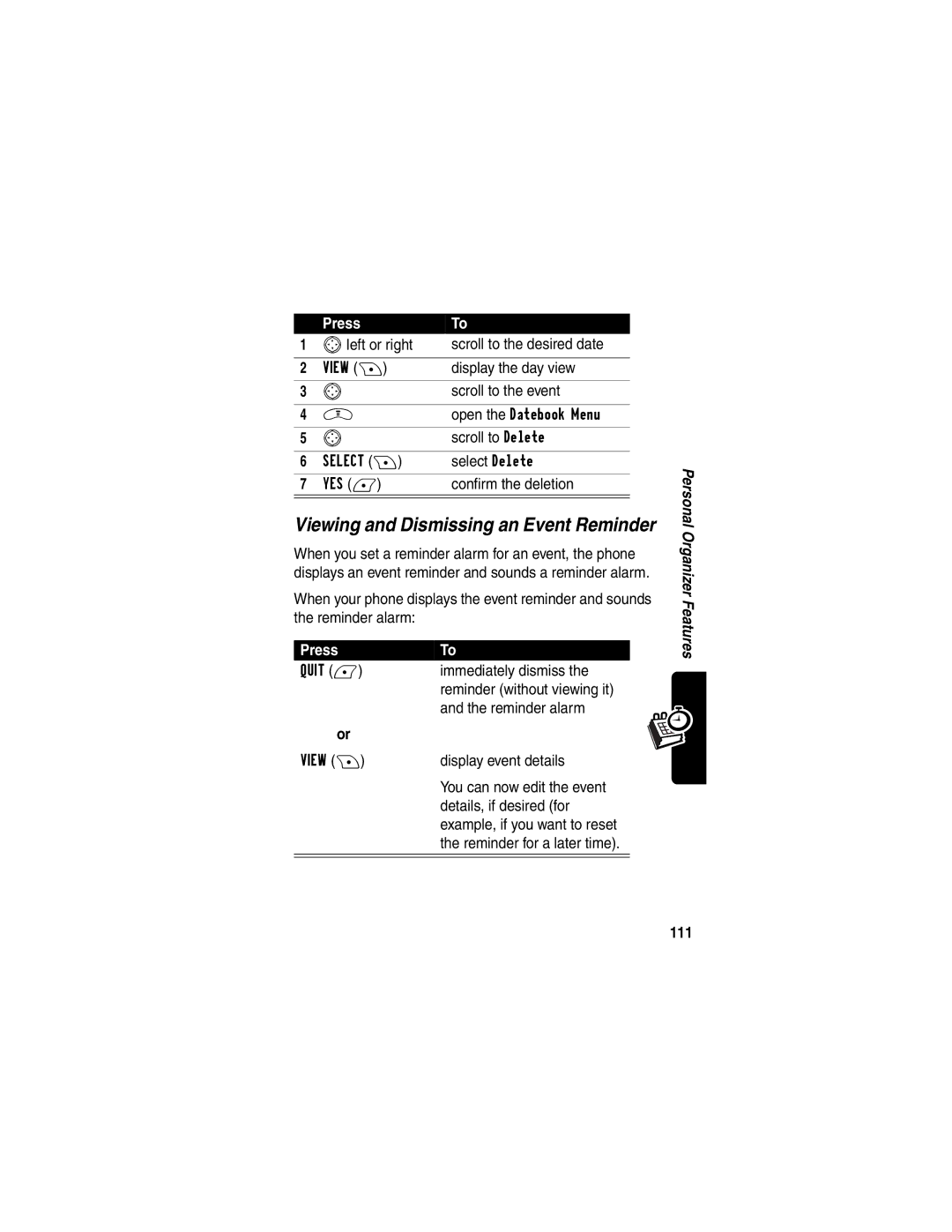 Motorola V290 manual Viewing and Dismissing an Event Reminder, 111 