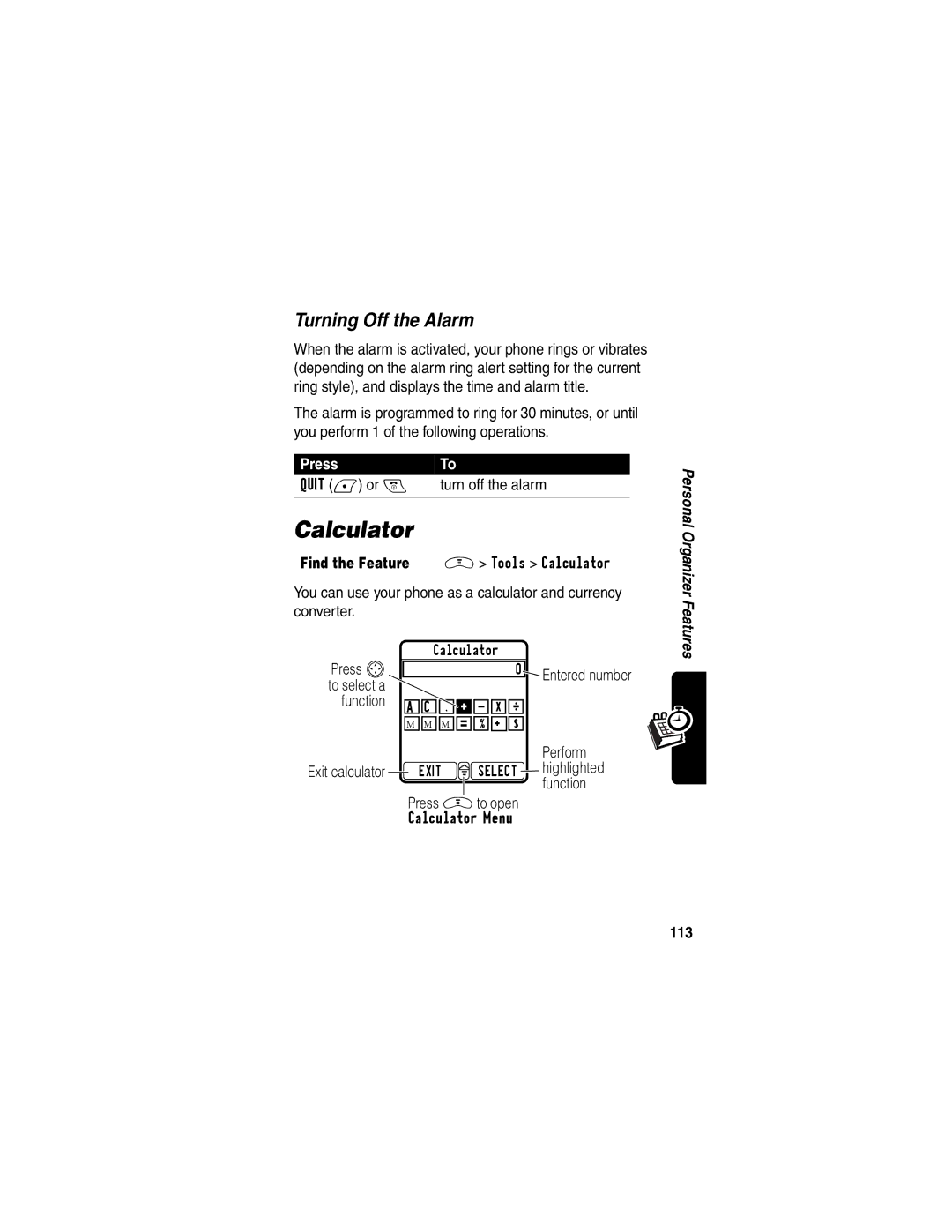 Motorola V290 manual Turning Off the Alarm, Find the Feature M Tools Calculator, 113 