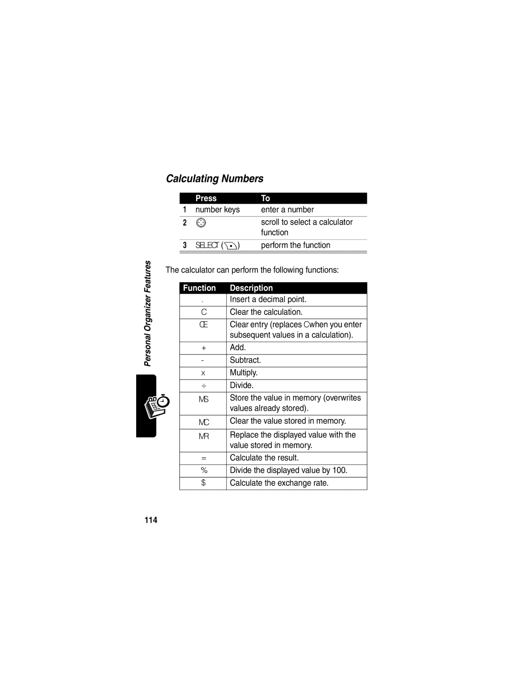 Motorola V290 manual Calculating Numbers, Function Description, 114 