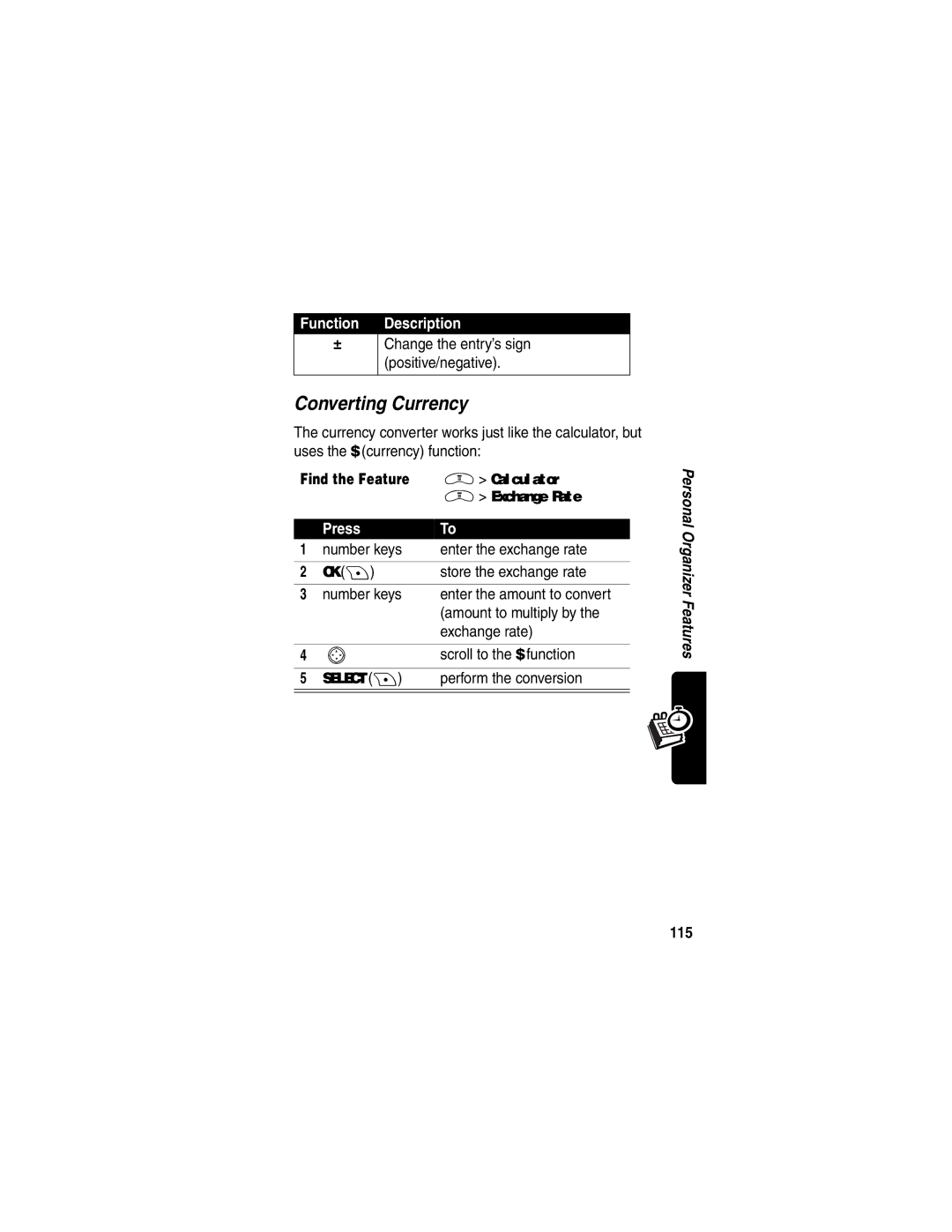 Motorola V290 manual Converting Currency, Perform the conversion, 115 