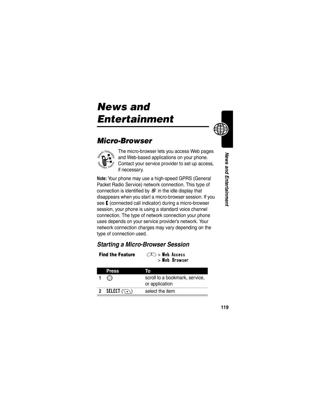 Motorola V290 manual News Entertainment, Starting a Micro-Browser Session, Or application, 119 