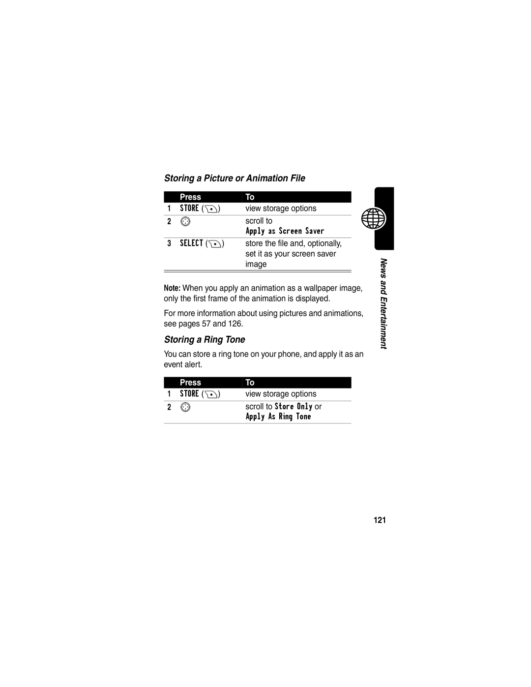 Motorola V290 manual Storing a Picture or Animation File, Storing a Ring Tone, 121 