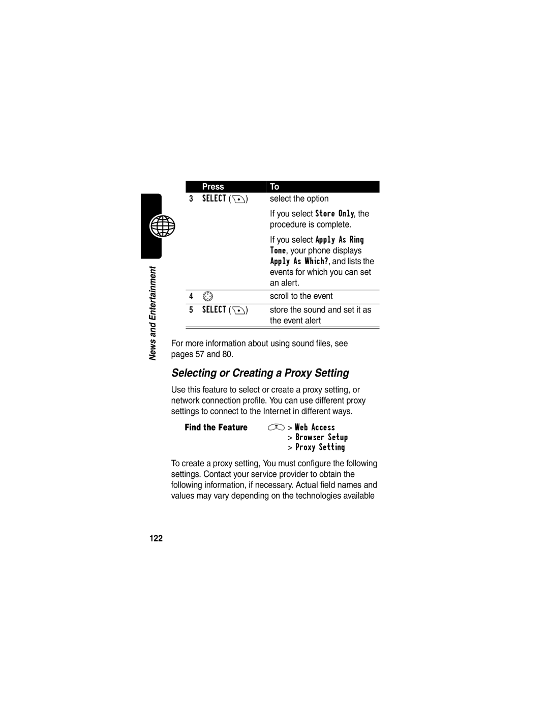 Motorola V290 manual Selecting or Creating a Proxy Setting, An alert, Event alert, 122 