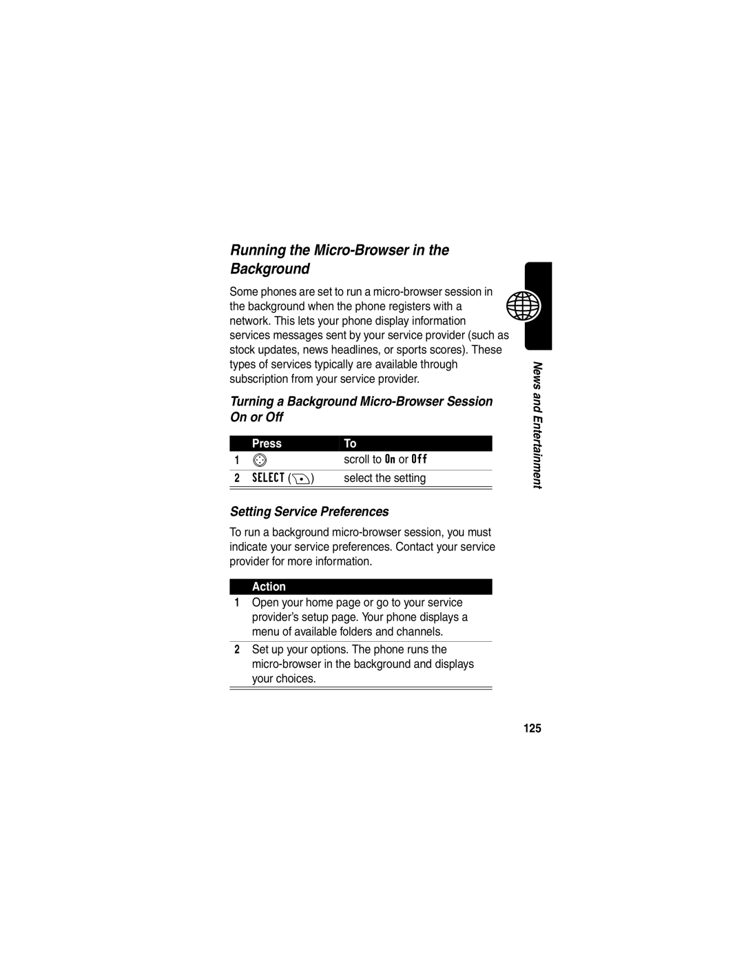 Motorola V290 manual Running the Micro-Browser in the Background, Turning a Background Micro-Browser Session On or Off, 125 