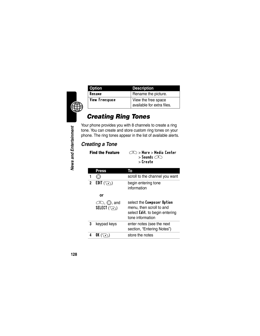 Motorola V290 manual Creating Ring Tones, Creating a Tone, 128 