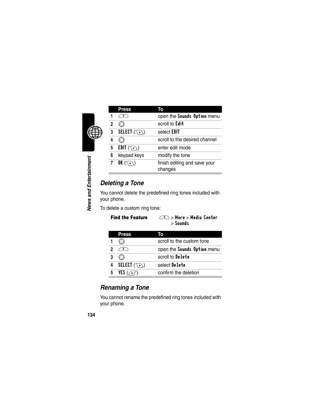 Motorola V290 manual Deleting a Tone, Renaming a Tone, Scroll to the custom tone, 134 