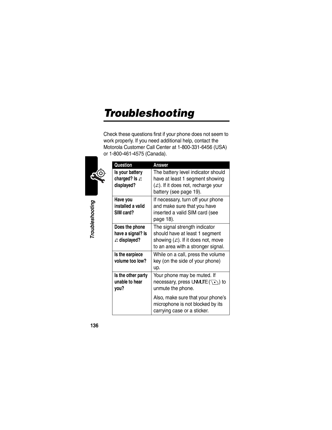 Motorola V290 manual Troubleshooting, Question Answer 