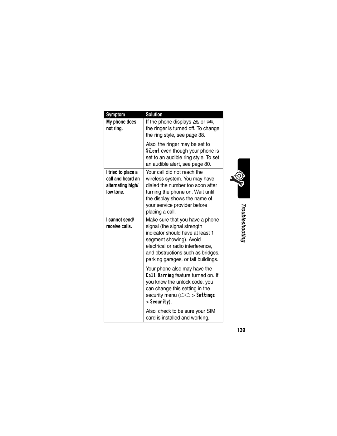 Motorola V290 manual Not ring, Low tone, Cannot send, Receive calls, 139 