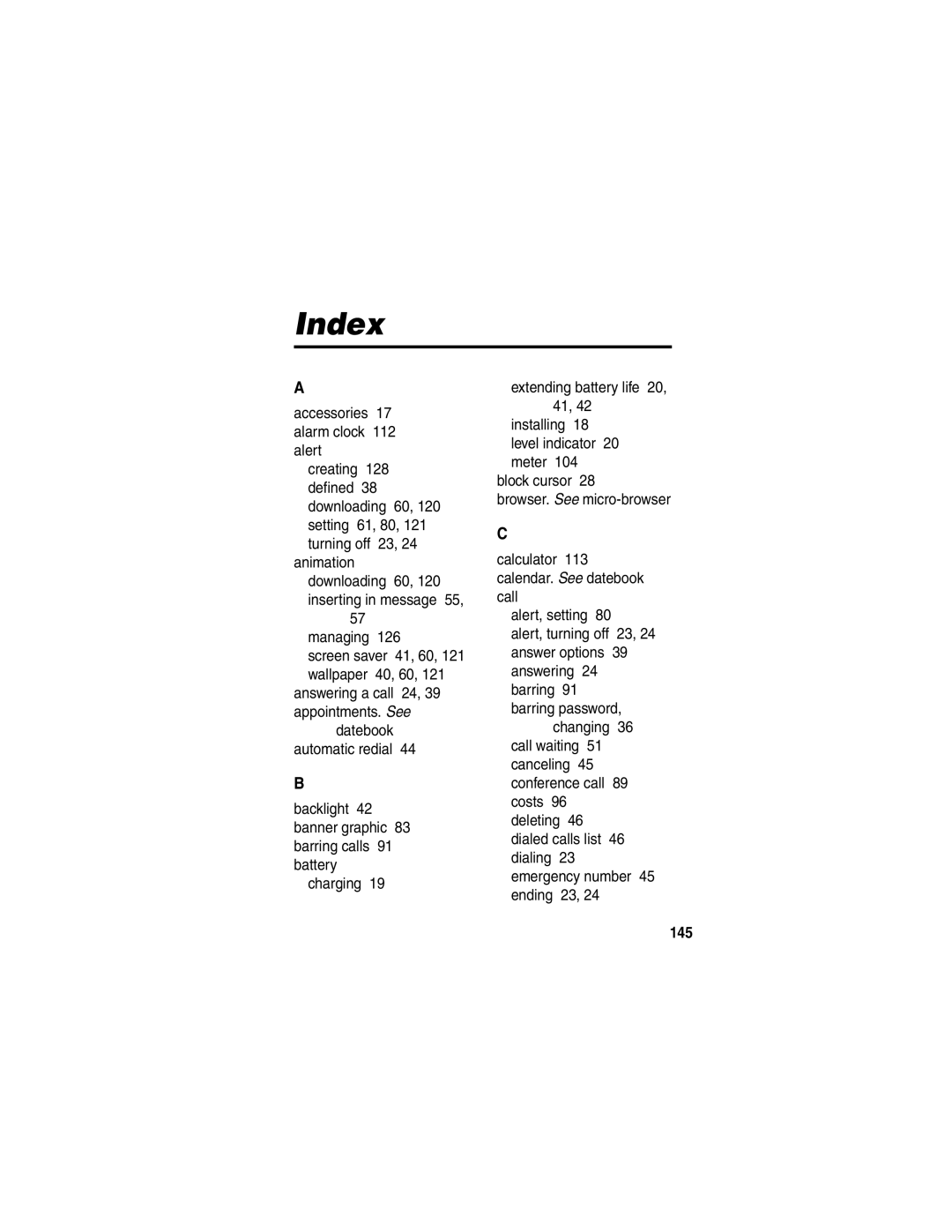 Motorola V290 manual Index, Answering a call 24, 39 appointments. See, 145 