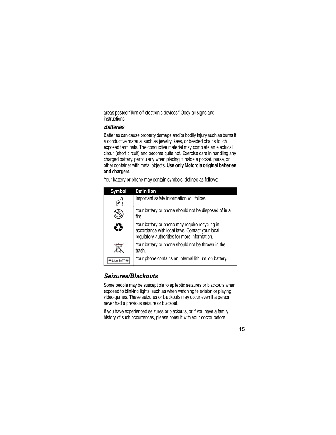 Motorola V290 manual Batteries, Chargers, Definition 