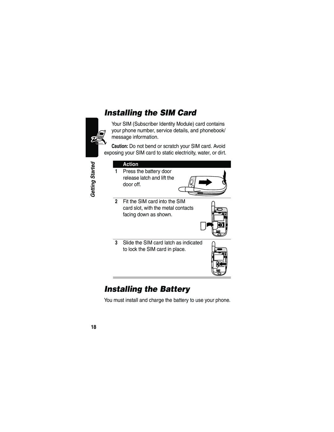 Motorola V290 Installing the SIM Card, Installing the Battery, You must install and charge the battery to use your phone 