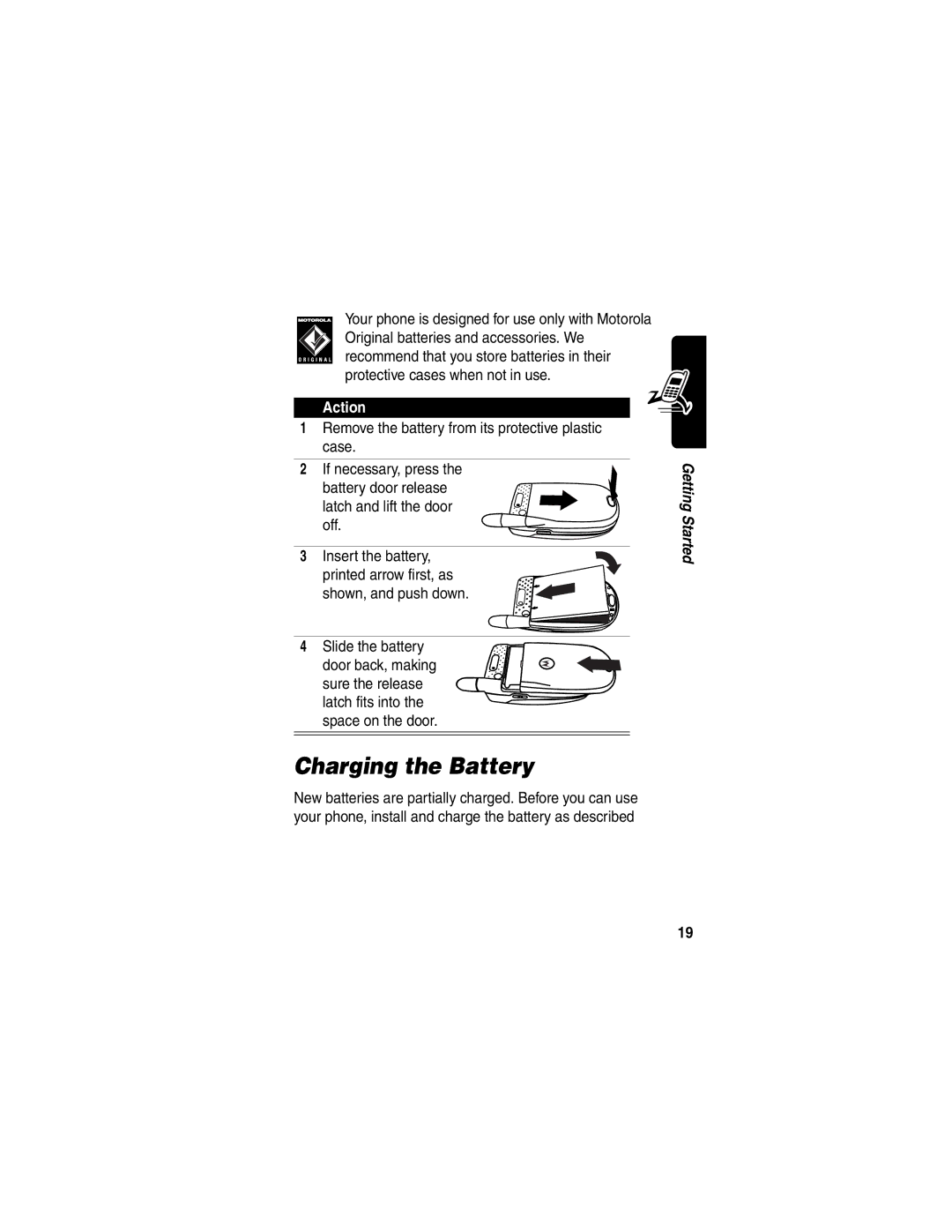 Motorola V290 manual Charging the Battery, Shown, and push down Slide the battery 