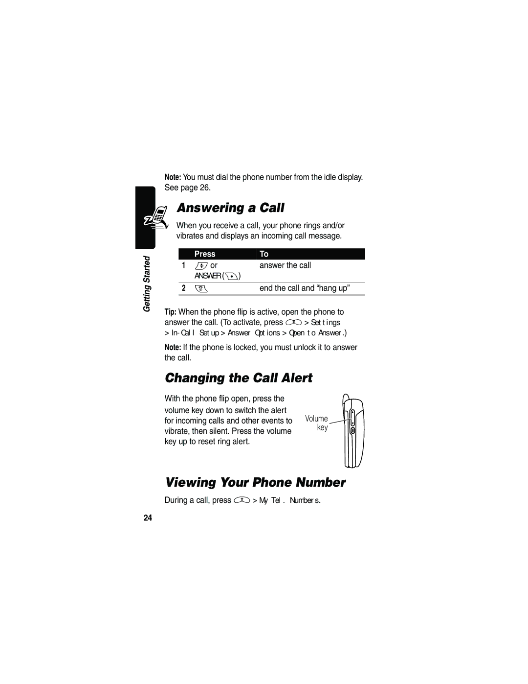 Motorola V290 Answering a Call, Changing the Call Alert, Viewing Your Phone Number, During a call, press M My Tel. Numbers 