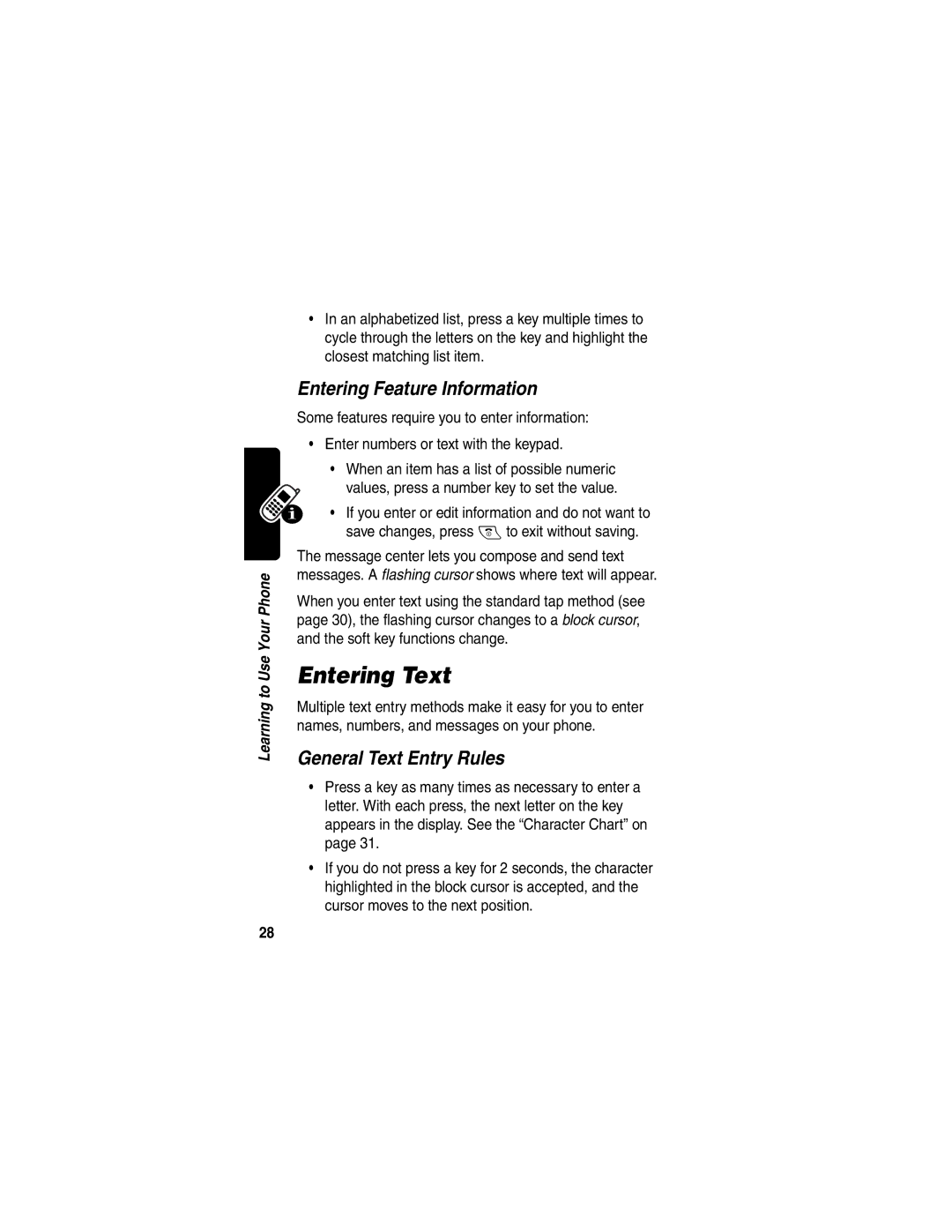 Motorola V290 manual Entering Text, Entering Feature Information, General Text Entry Rules 