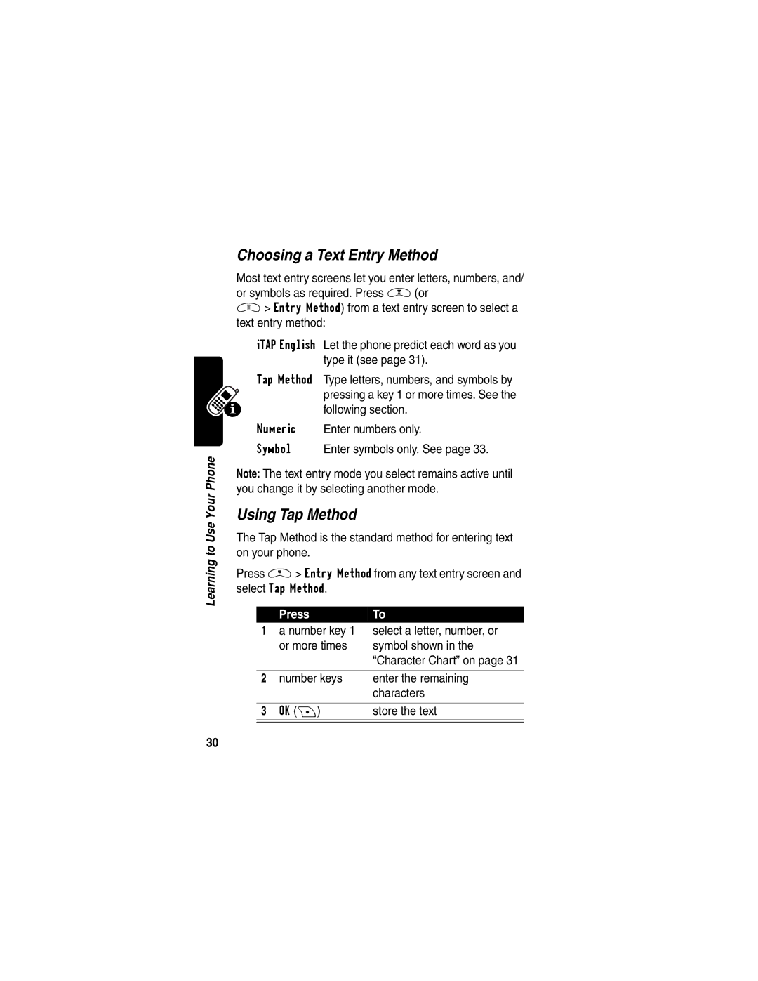 Motorola V290 manual Choosing a Text Entry Method, Using Tap Method, Press To 