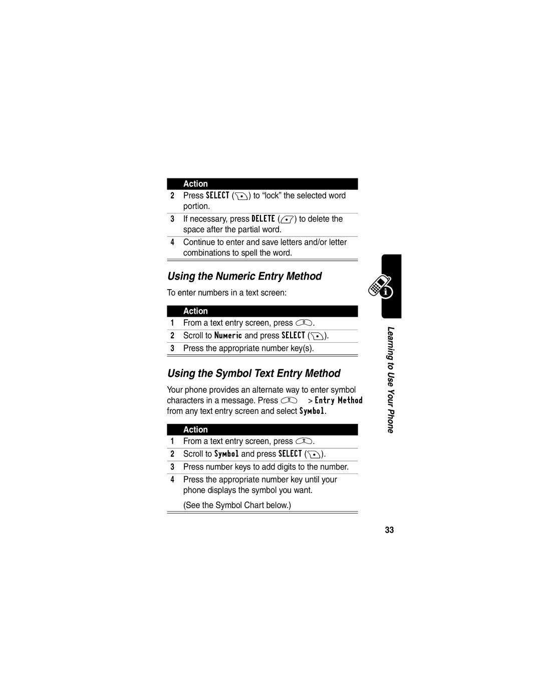 Motorola V290 manual Using the Numeric Entry Method, Using the Symbol Text Entry Method, To enter numbers in a text screen 