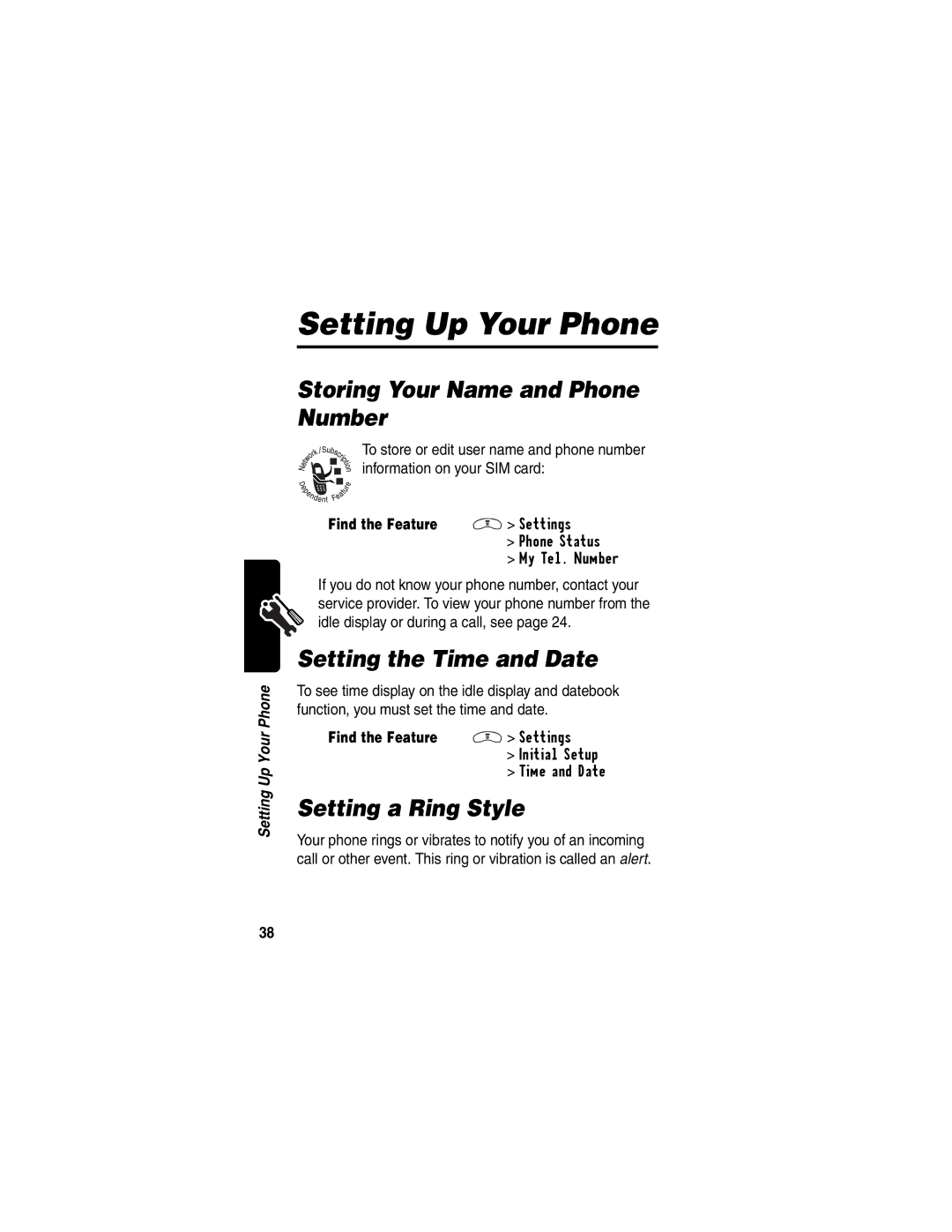 Motorola V290 Setting Up Your Phone, Storing Your Name and Phone Number, Setting the Time and Date, Setting a Ring Style 