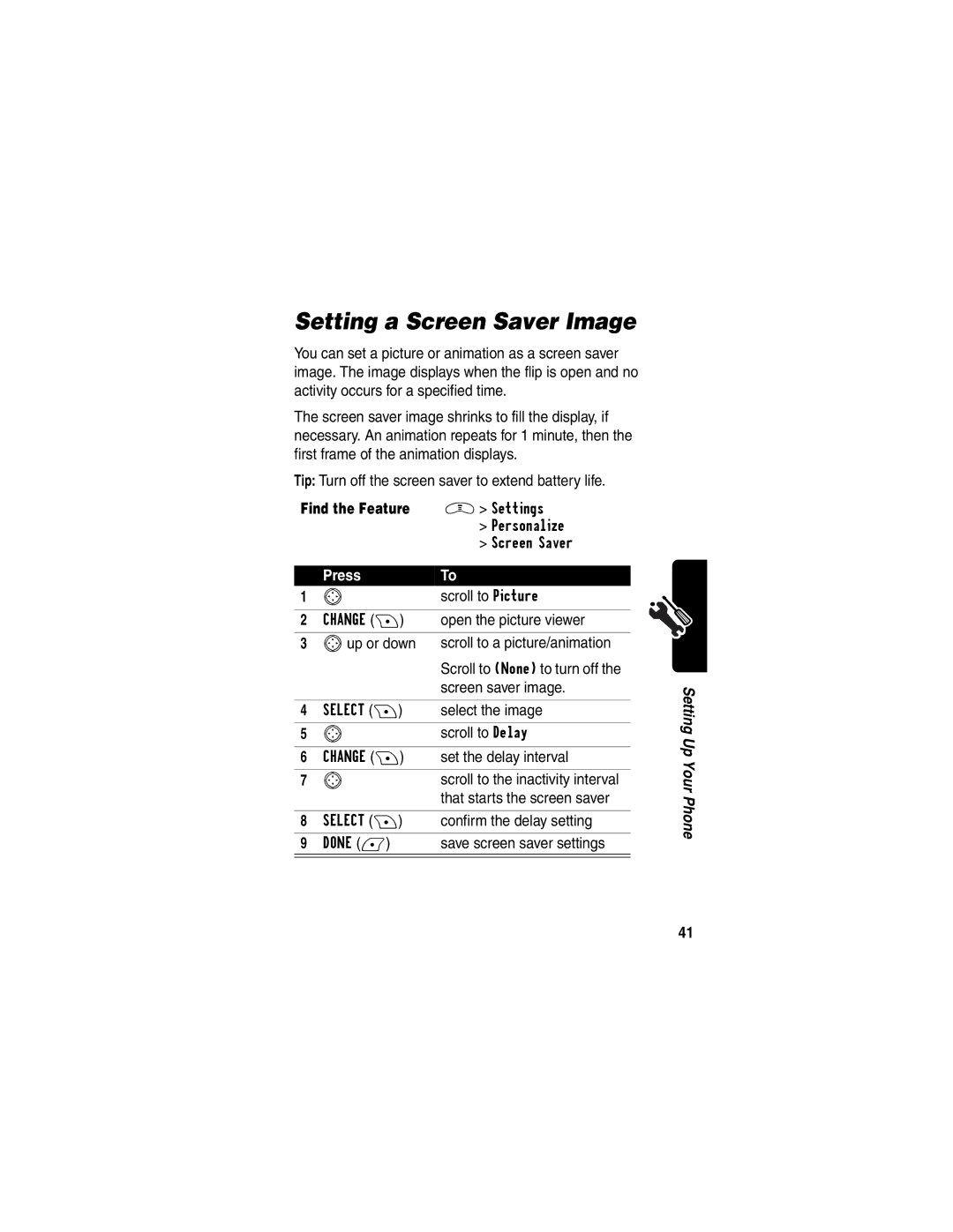 Motorola V290 manual Setting a Screen Saver Image 