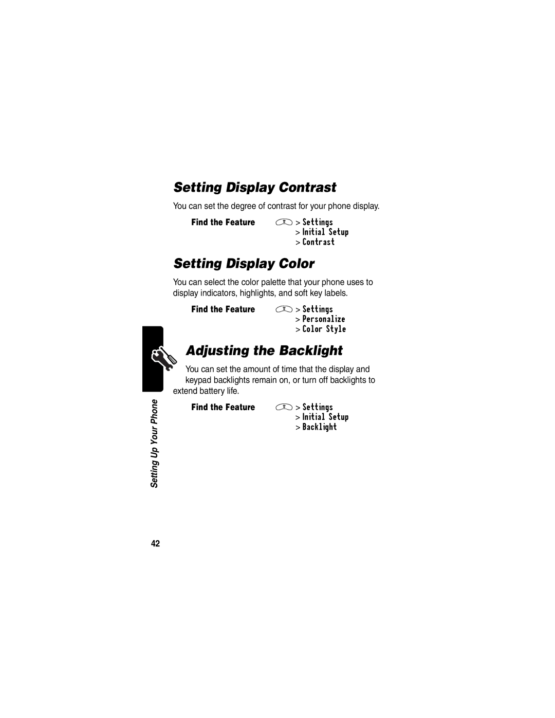 Motorola V290 manual Setting Display Contrast, Setting Display Color, Adjusting the Backlight, Extend battery life 