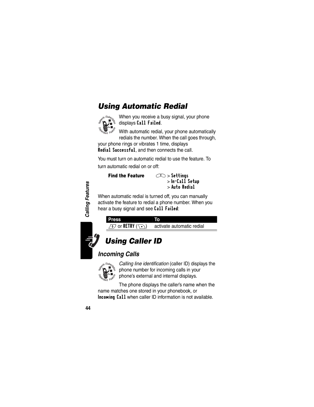 Motorola V290 manual Using Automatic Redial, Using Caller ID, Incoming Calls 