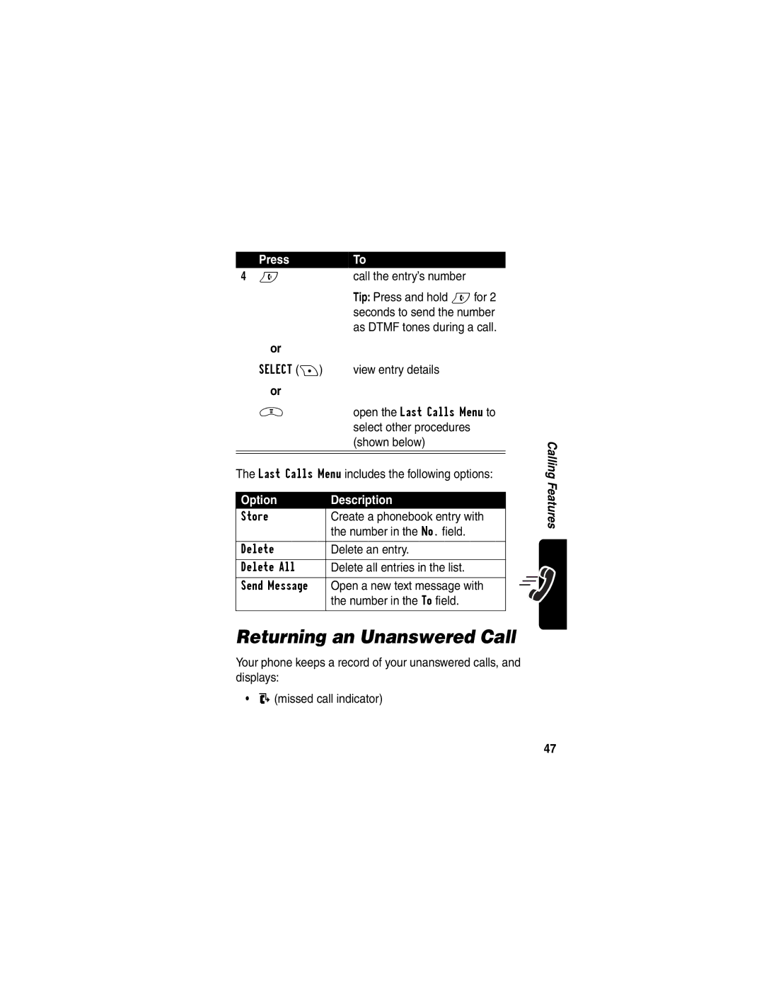 Motorola V290 manual Returning an Unanswered Call, Call the entry’s number, Tip Press and hold Nfor, Option Description 