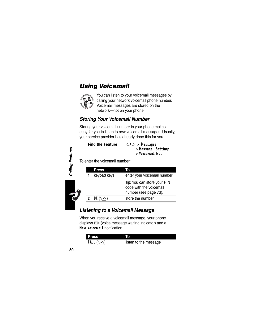 Motorola V290 manual Using Voicemail, Storing Your Voicemail Number, Listening to a Voicemail Message 