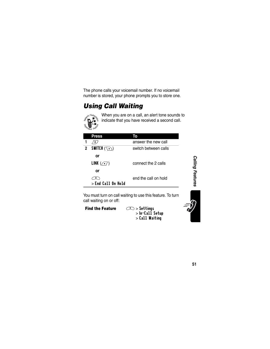 Motorola V290 manual Using Call Waiting, Answer the new call, Switch between calls 