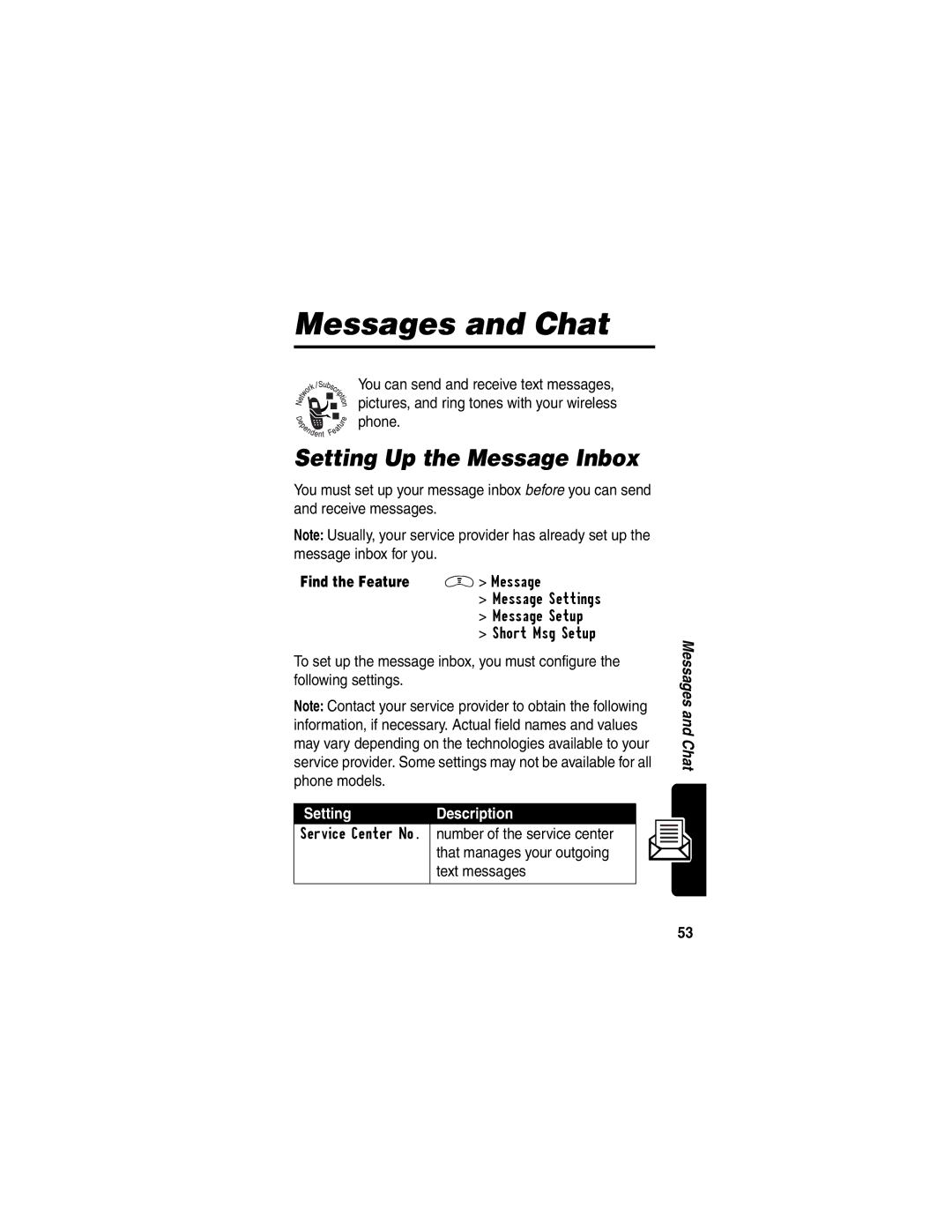 Motorola V290 manual Messages and Chat, Setting Up the Message Inbox, Setting Description 