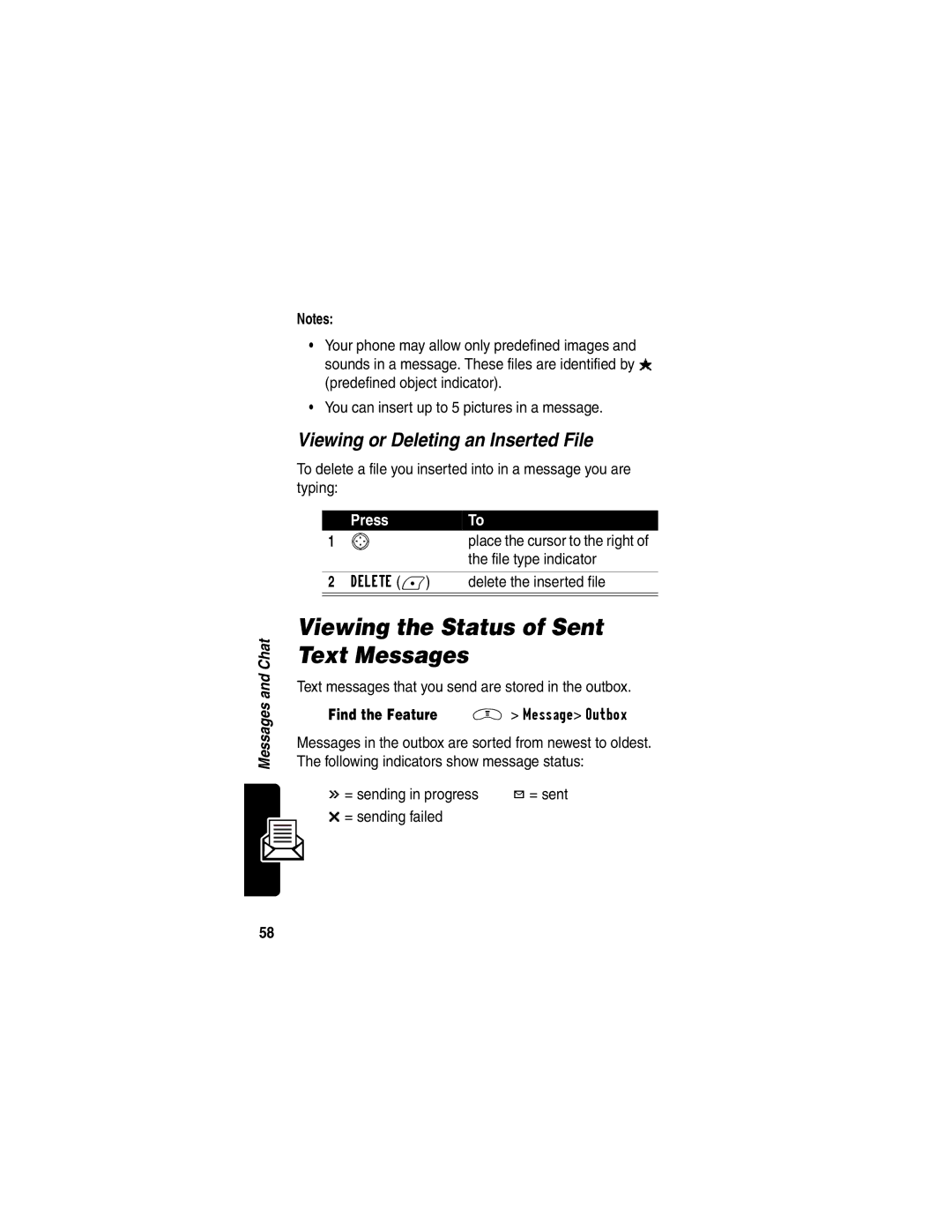 Motorola V290 manual Viewing the Status of Sent Text Messages, Viewing or Deleting an Inserted File 