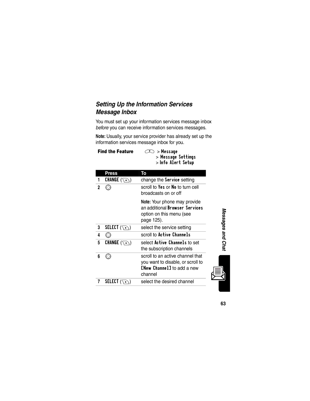 Motorola V290 manual Setting Up the Information Services Message Inbox 