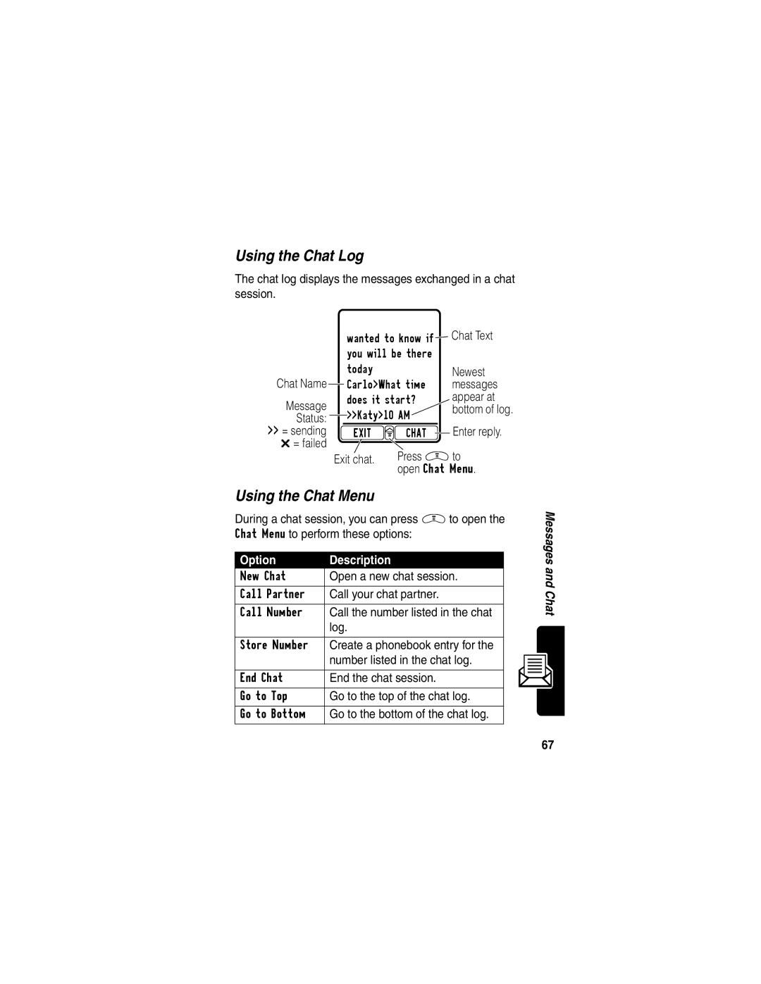 Motorola V290 manual Using the Chat Log, Using the Chat Menu 