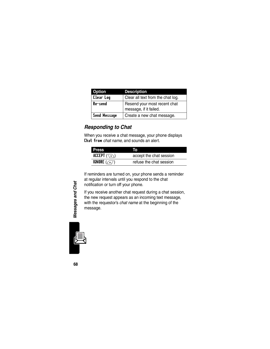 Motorola V290 manual Responding to Chat 