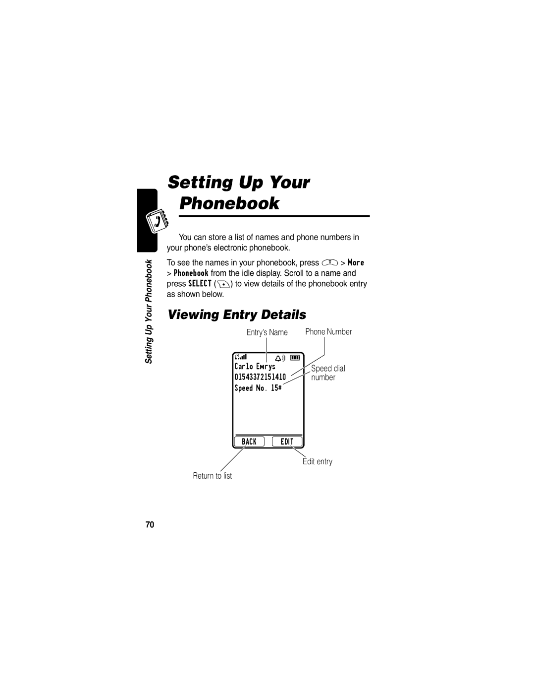 Motorola V290 manual Setting Up Your Phonebook, Viewing Entry Details 