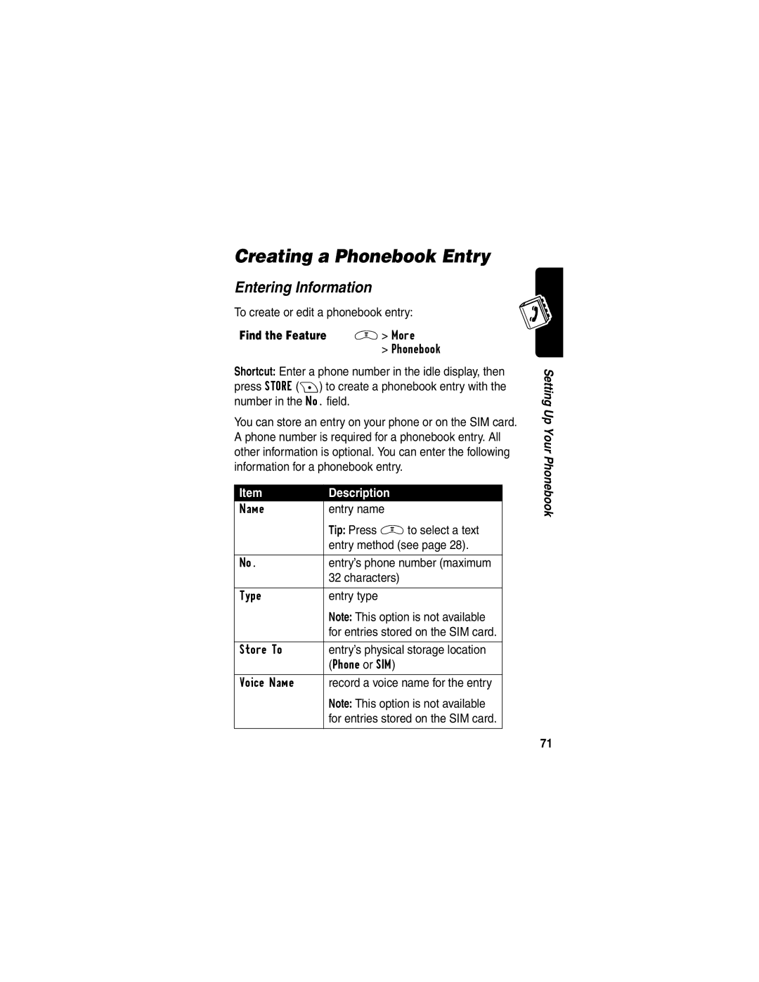 Motorola V290 manual Creating a Phonebook Entry, Entering Information, To create or edit a phonebook entry 