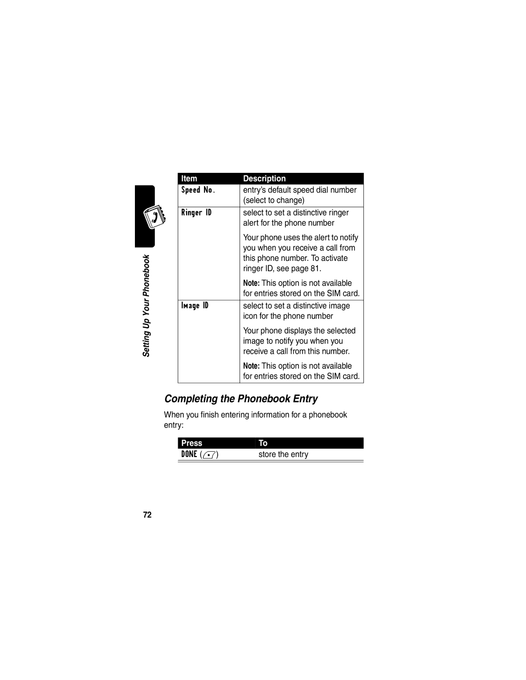 Motorola V290 manual Completing the Phonebook Entry 