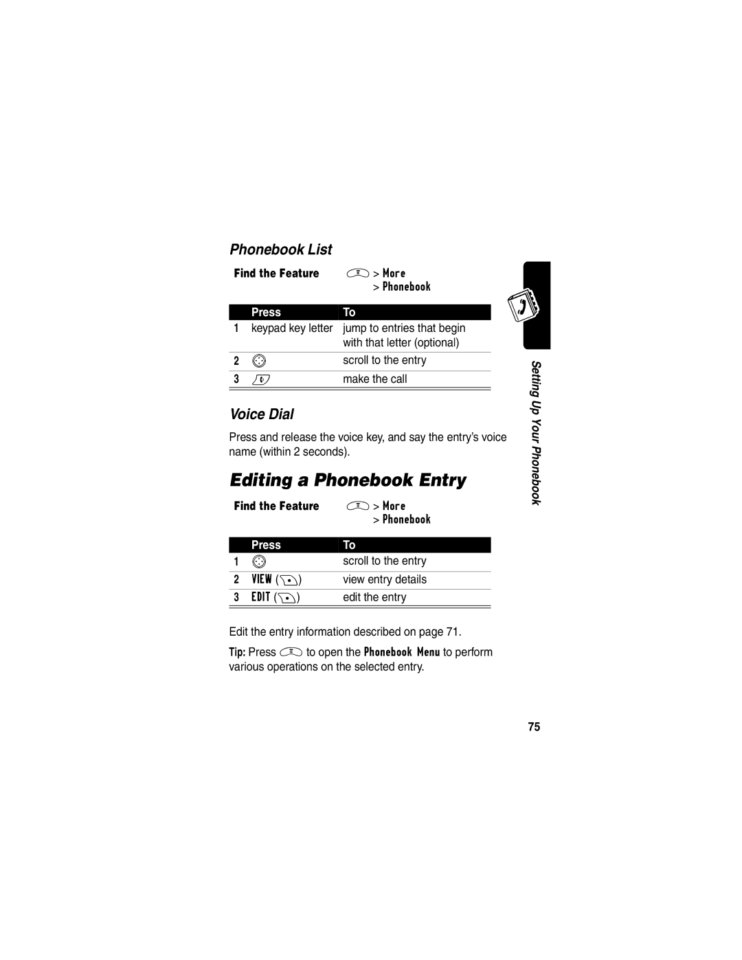 Motorola V290 manual Editing a Phonebook Entry, Phonebook List, Voice Dial 