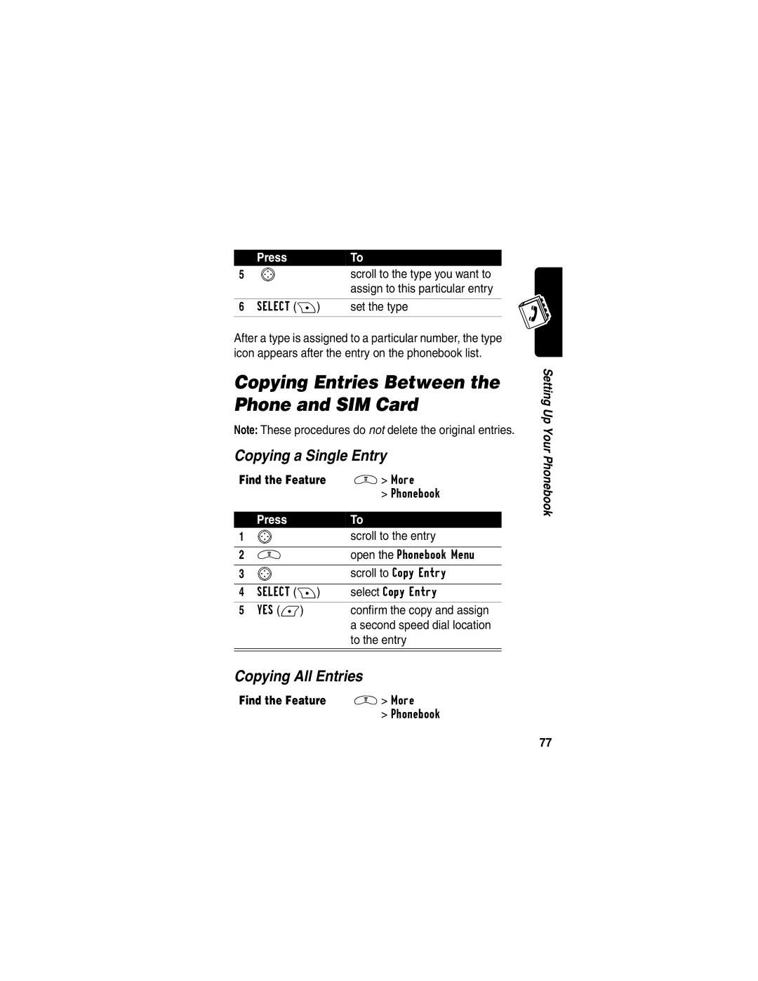 Motorola V290 manual Copying Entries Between the Phone and SIM Card, Copying a Single Entry, Copying All Entries 