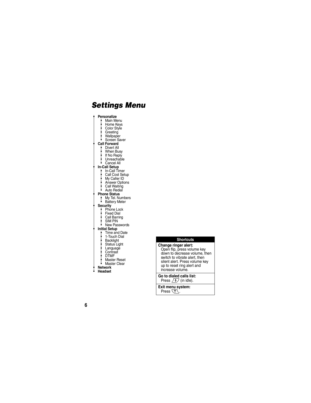 Motorola V290 manual Settings Menu, Initial Setup 